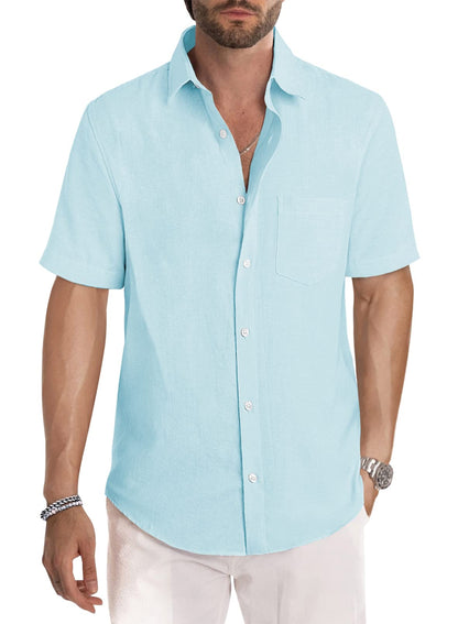 HOTJMIERR Men's Casual Stylish Short Sleeve Button-Up Striped Dress Shirt Cotton Beach Shirts