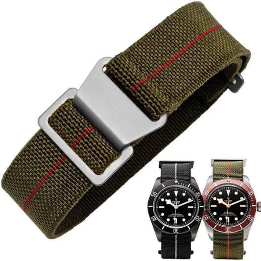 HOTFrench Troops Paratrooper Watchband,Military Elastic Nylon Watch Strap with Hook-and-Loop for Men Women Silver & Black Buckle 18/20/22mm