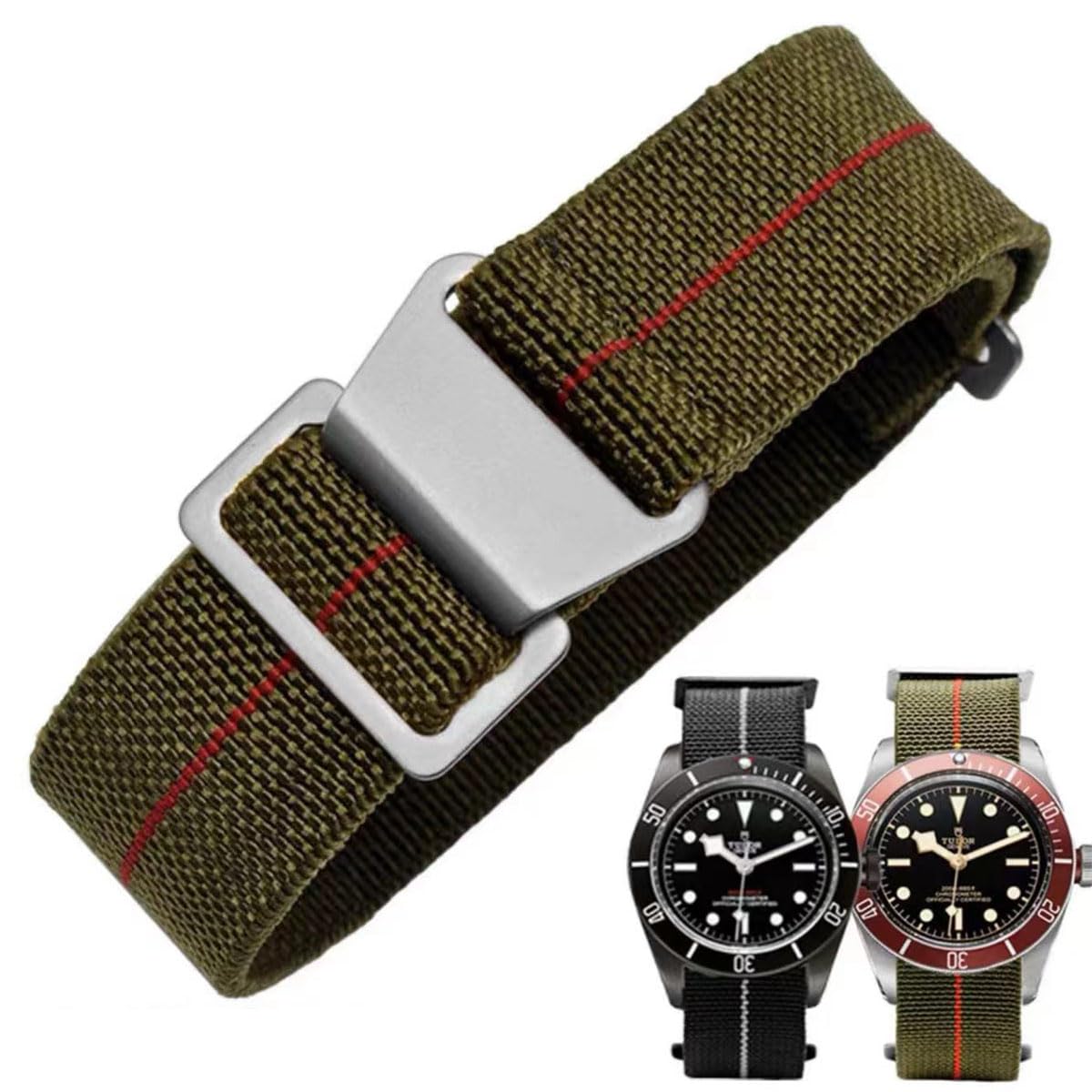 HOTFrench Troops Paratrooper Watchband,Military Elastic Nylon Watch Strap with Hook-and-Loop for Men Women Silver & Black Buckle 18/20/22mm