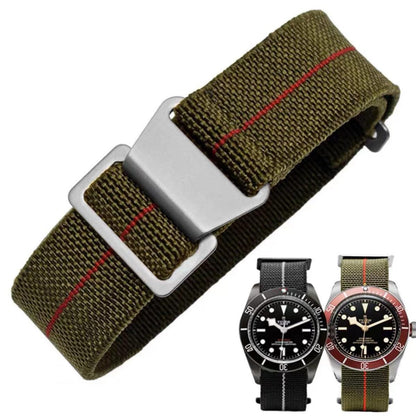 HOTFrench Troops Paratrooper Watchband,Military Elastic Nylon Watch Strap with Hook-and-Loop for Men Women Silver & Black Buckle 18/20/22mm