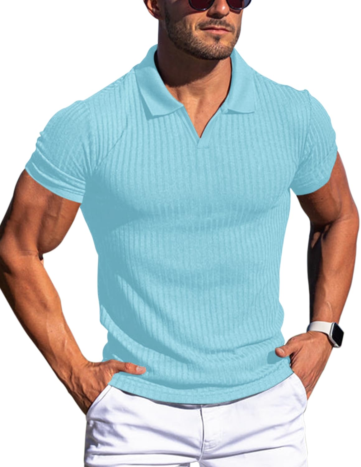 HOTMen's Muscle V Neck Polo Shirts Slim Fit Short Long Sleeve Cotton Golf T-Shirts Ribbed Knit Soft Tees