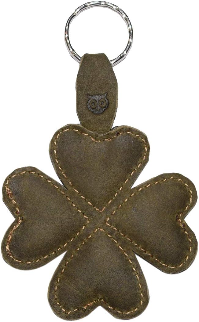 HOTHide & Drink, Lucky Clover Keychain, Good Luck Keyring, Four-Leaf, Key Organizer Holder, Full Grain Leather, Handmade, Peat Moss