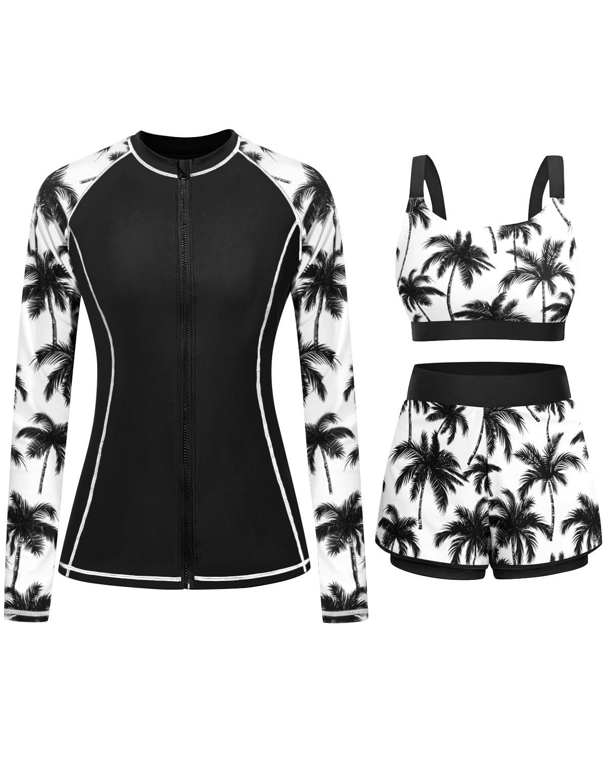 HOTDaci 3 Piece Rash Guard Set with 3'' Shorts | UPF 50+ Sun Protection, Long Sleeve Swim Shirt, High Rise, Built-in Bra, Removable Pads, for Beach, Pool, and Surfing