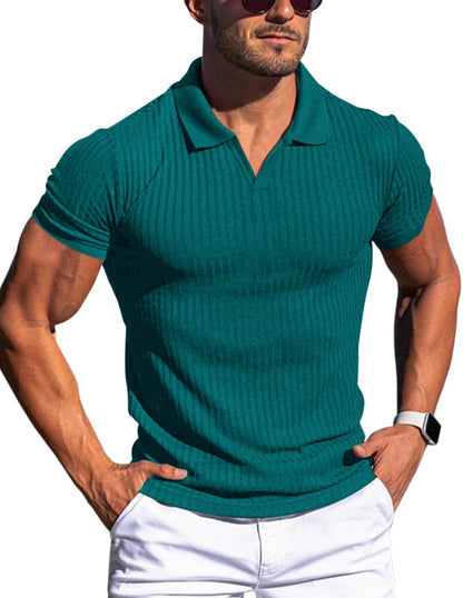 HOTMen's Muscle V Neck Polo Shirts Slim Fit Short Long Sleeve Cotton Golf T-Shirts Ribbed Knit Soft Tees