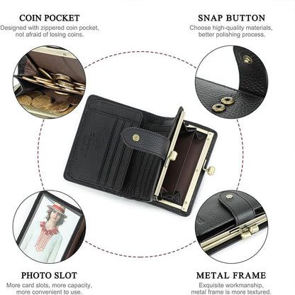 HOTCONTACTS Full Grain Leather Kiss Lock Wallet for Women Coin Pocket Kiss Clasp Purse Small Card Holder Bifold Rfid Wallet (Black)