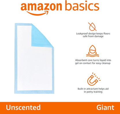 HOTAmazon Basics Leak-Proof Dog and Puppy Potty Training Pee Pads with Quick-Dry 5-Layer Surface, Standard Absorbency, Giant Size, 27.5 x 44 Inch, Blue & White, 40-Pack