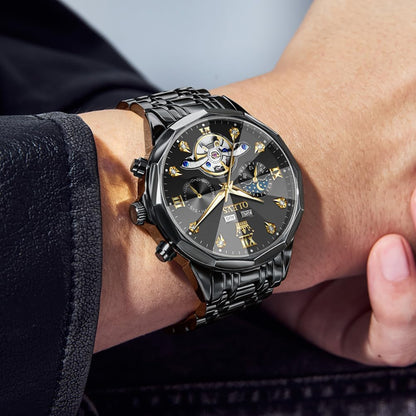 HOTOLEVS Skeleton Men Watches Automatic Business Luxury Diamond Self Winding Watch for Men Stainless Steel Calendar Wrist Watch