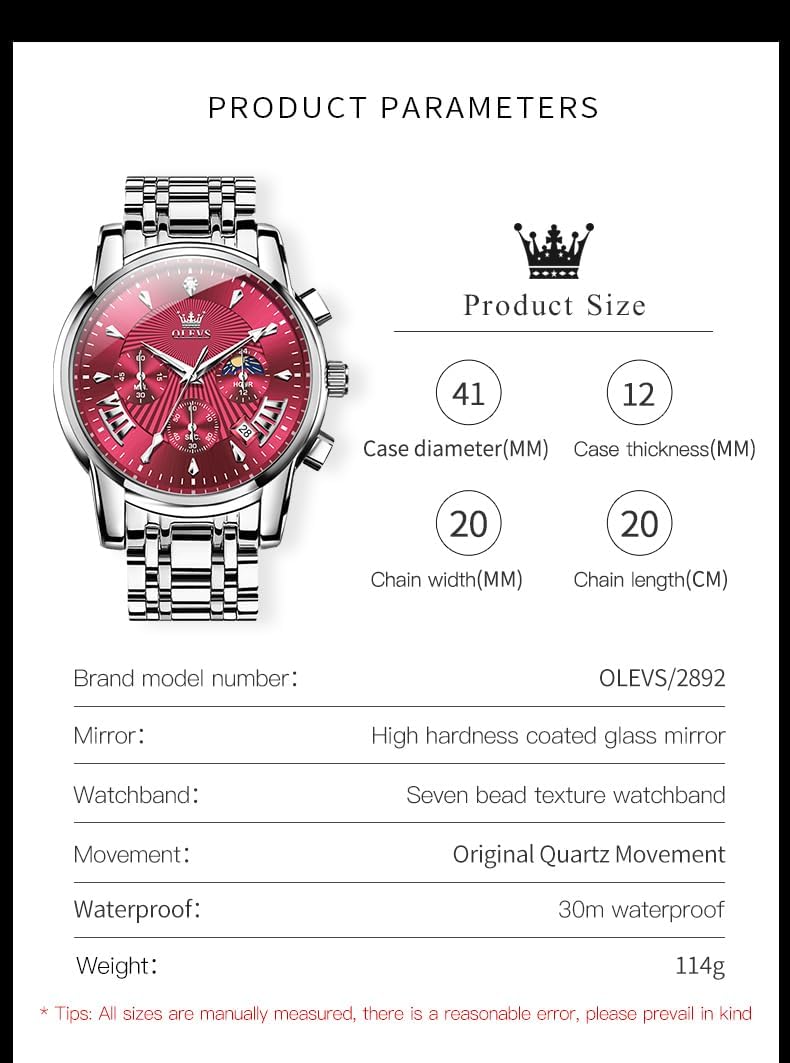 HOTOLEVS Watches Men Stainless Steel Chronograph Watch Luxury Big Face Man Dress Watches Waterproof Roman Numeral Analog Quartz Men Wrist Watch Diamond Relojes para Hombre(Silver/Black/Gold/Red/Blue)