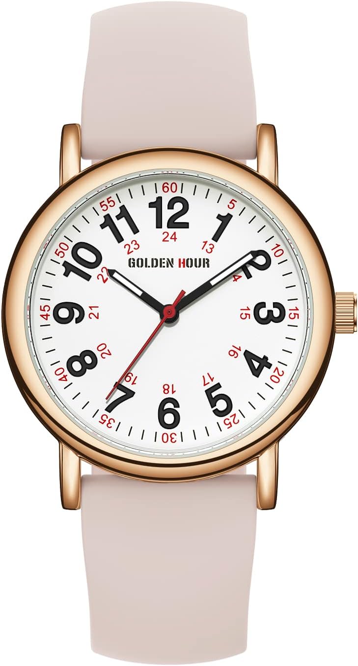 HOTGOLDEN HOUR Waterproof Nurse Watch for Medical Professionals, Students Women Men - Military Time Luminouse Easy Read Dial, 24 Hour with Second Hand, Colorful Silicone Band