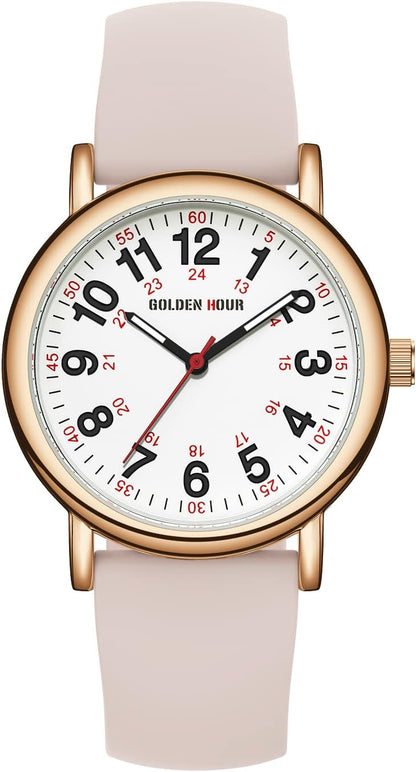 HOTGOLDEN HOUR Waterproof Nurse Watch for Medical Professionals, Students Women Men - Military Time Luminouse Easy Read Dial, 24 Hour with Second Hand, Colorful Silicone Band