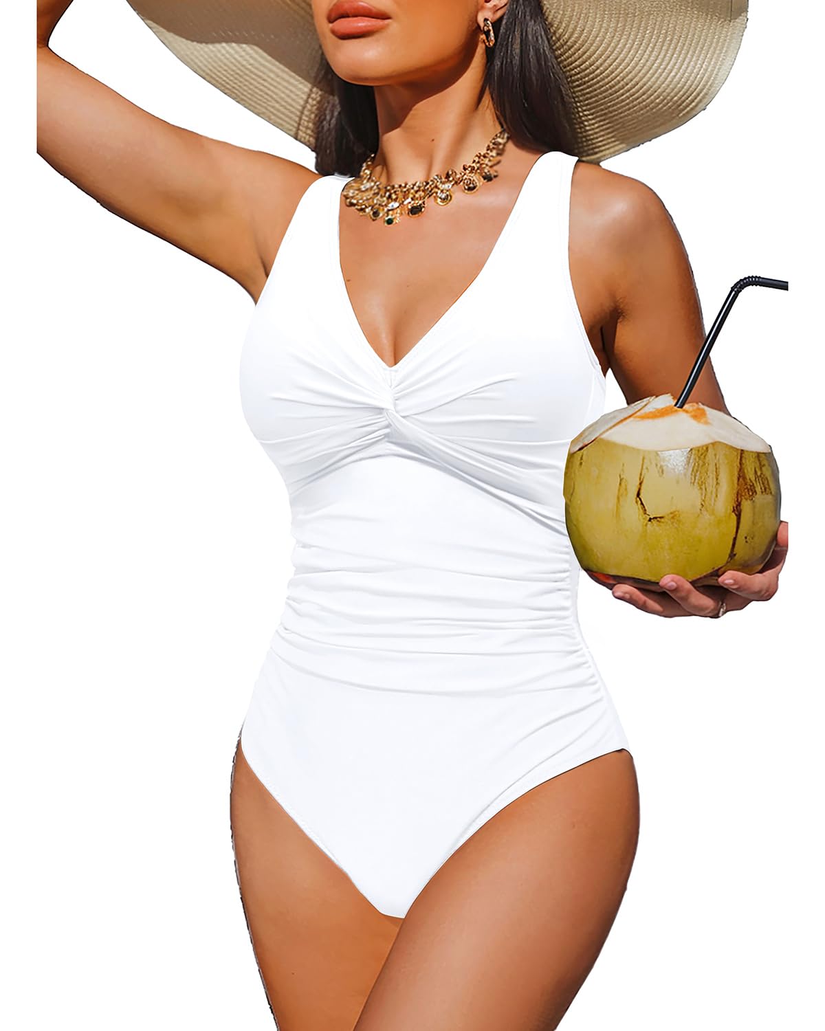 HOTWomen's Tummy Control One Piece Swimsuit Push Up Full Coverage Bathing Suit | V-Neck Twist Front, Low-Back Design, Adjustable Straps, Removable Pads, Full Coverage, Long-Torso Fit, Beach and Pool Days