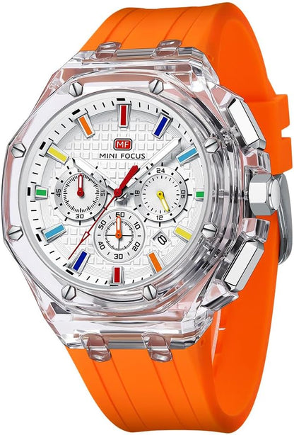 HOTMASTOP Men Watches Multifunction Transparent Analog Display Orange Silicone Strap Calendar Chronograph Luminous Quartz Waterproof Trend Wrist Watches for Men Colorful Cool Dress Watch