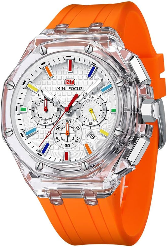 HOTMASTOP Men Watches Multifunction Transparent Analog Display Orange Silicone Strap Calendar Chronograph Luminous Quartz Waterproof Trend Wrist Watches for Men Colorful Cool Dress Watch