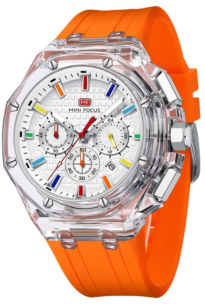 HOTMASTOP Men Watches Multifunction Transparent Analog Display Orange Silicone Strap Calendar Chronograph Luminous Quartz Waterproof Trend Wrist Watches for Men Colorful Cool Dress Watch