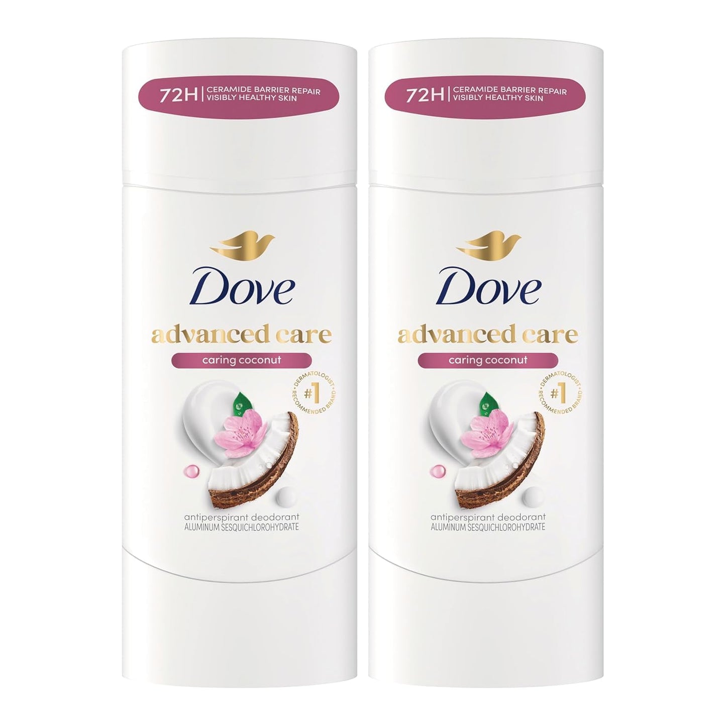 HOTDove Advanced Care Antiperspirant Caring Coconut, 2 Count Deodorant Stick for Women, for 48 Hour Protection And Soft And Comfortable Underarms, 2.6 oz