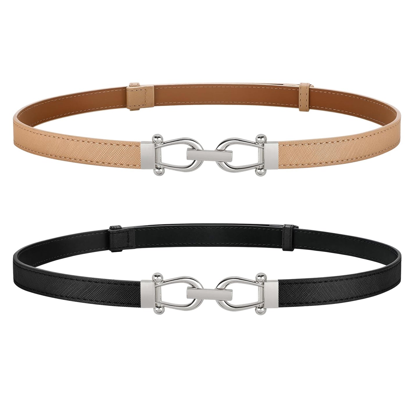 HOTJASGOOD 2 Pack Thin Belts for Women Fashion Skinny Leather Waist Belts for Jeans Pants Dresses with Gold Buckle
