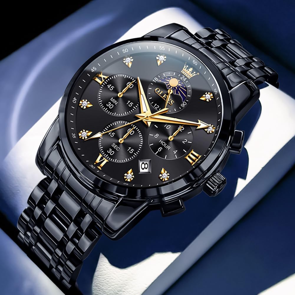 HOTOLEVS Watch for Men Diamond Business Dress Analog Quartz Stainless Steel Waterproof Luminous Date Two Tone Luxury Casual Wrist Watch Blue
