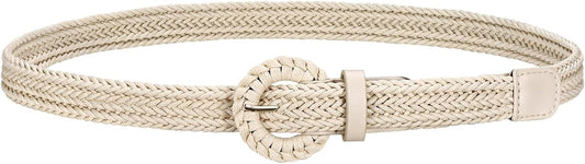 HOTJASGOOD Women's Straw Braided Woven Boho Belt - Skinny Raffia Waist Strap for Summer Dresses & Jeans(Width:0.9")