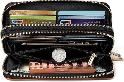 HOTBlack Cat Floral Double Zip Wallet for Women, Cute Kawaii Aesthetic Small Wallet with Card Slots & Coin Pocket, Compact Boho Travel Purse for Cat Lovers