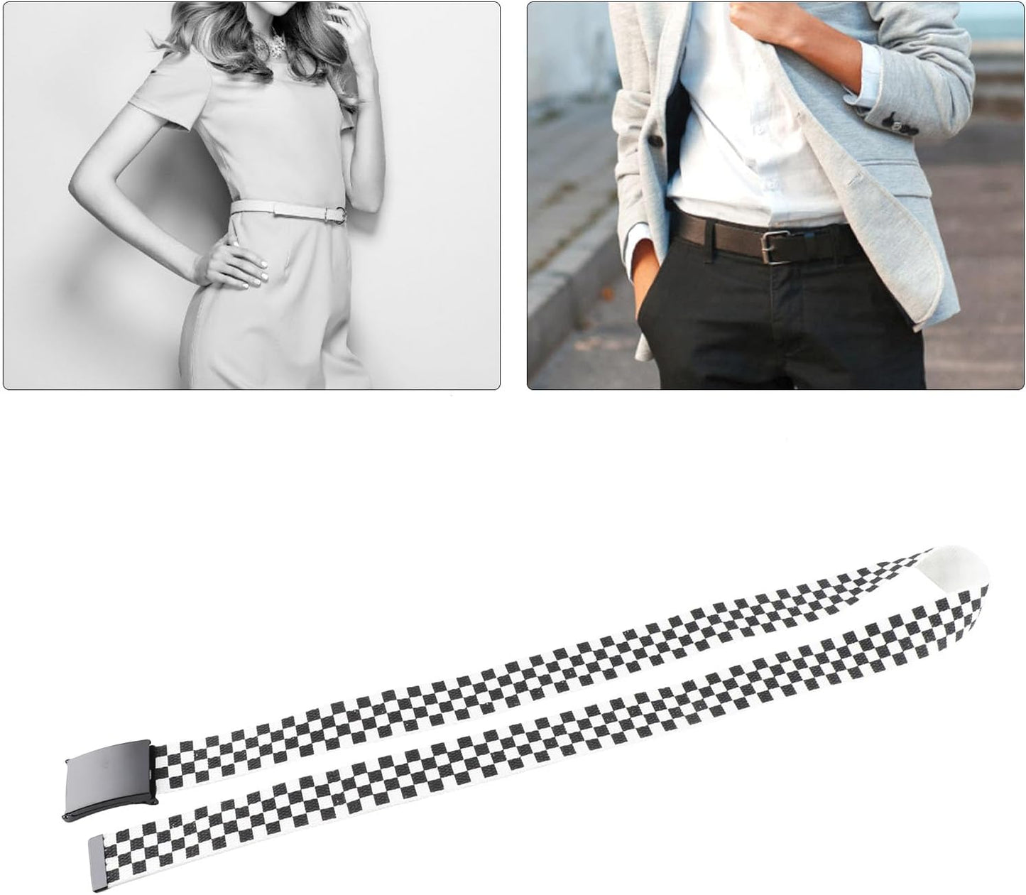 HOTClassic Checkered Canvas Belt, 43" Adjustable Length, Black and White Grid Strap with Military Style Metal Buckle, Cut to Size Punk Rock Flip Top Casual Belt for Daily Fashion Outfit Decoration