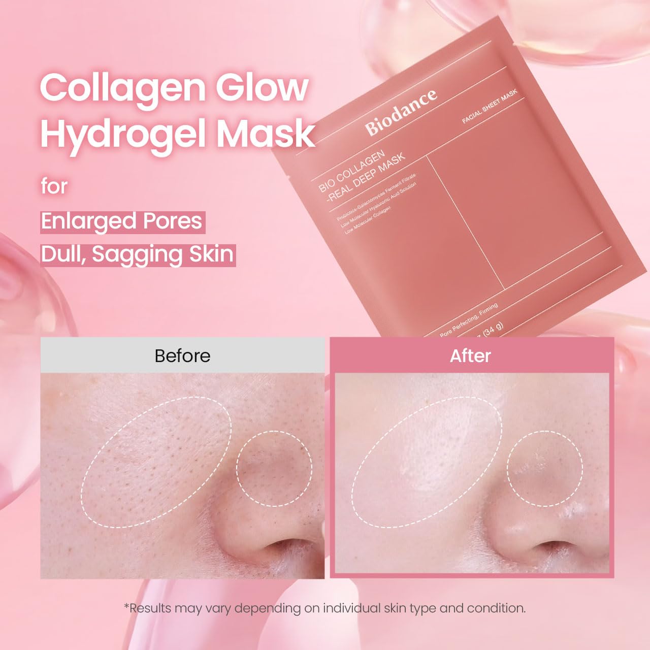 HOTBIODANCE Bio-Collagen Real Deep Mask, Hydrating Overnight Hydrogel Face Mask, Pore Minimizing, Elasticity, Plumping, Travel Essentials & Self Care Gifts for Women, Korean Skin Care | 1.19oz(34g) x 4ea