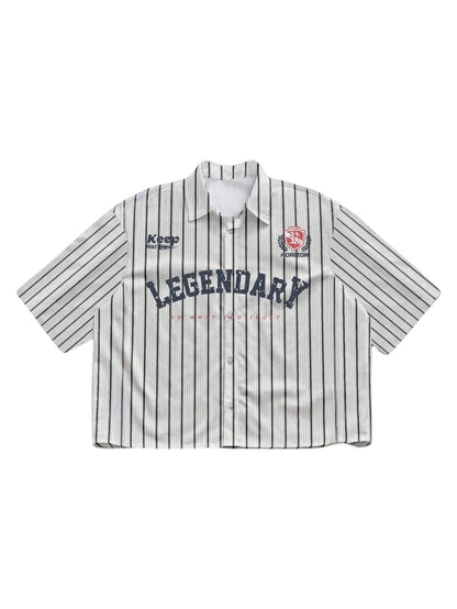 HOTGORGLITTER Men's Striped Button Down Up Cropped T Shirt Short Sleeve Letter Summer Vacation Shirts Boxy Tees Streetwear | Vintage Gingham Shirt, Drop Shoulder Crop Top, Y2K Streetwear, Summer Vacation Clothes