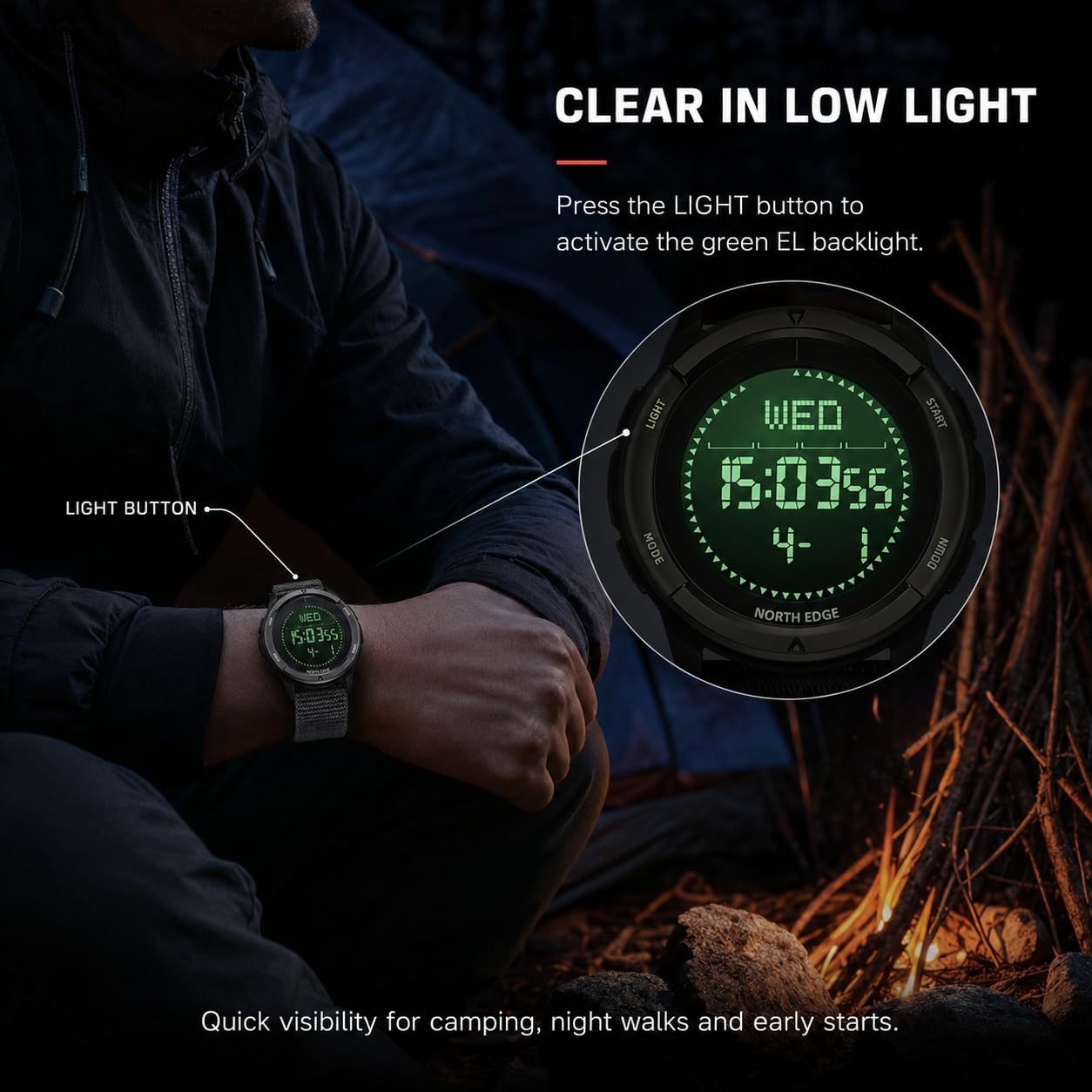 HOTNORTH EDGE ALPS Outdoor Digital Watch for Men | No app or charging, compass, step tracking and 50M water resistance