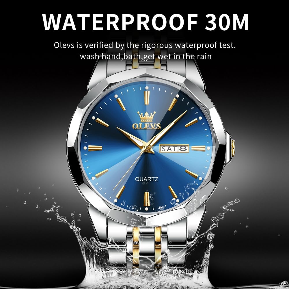 HOTOLEVS Watch for Men Diamond Business Dress Analog Quartz Stainless Steel Waterproof Luminous Date Two Tone Luxury Casual Wrist Watch Blue