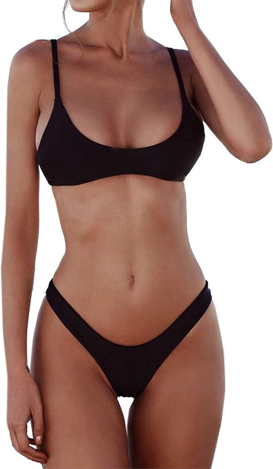 HOTSherryDC Women's Solid Scoop Neck Push Up Padded Brazilian Thong Bikini Swimsuit Bathing Suit