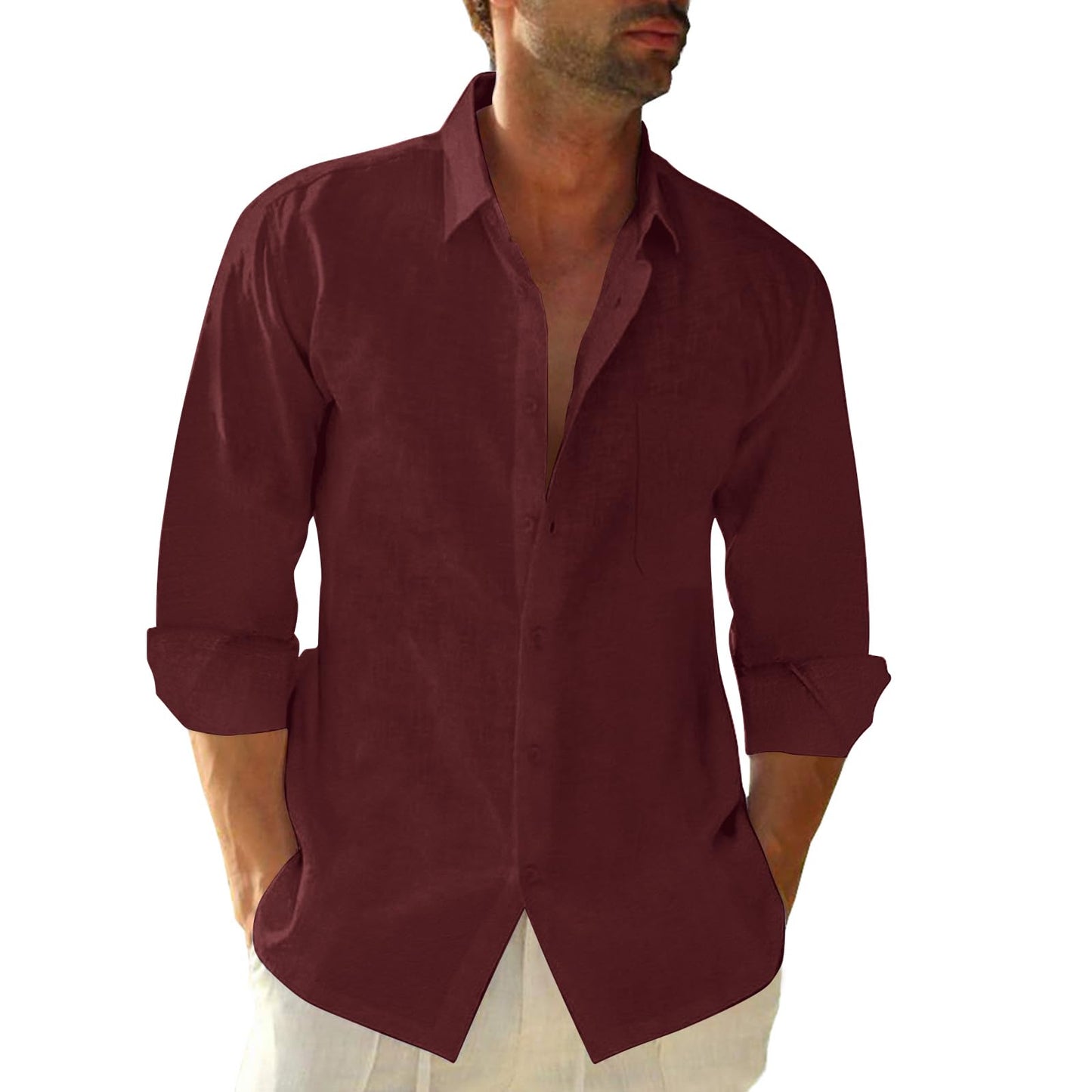 HOTJEKAOYI Button Down Linen Shirts for Men Casual Long Sleeve Regular Fit Cotton Beach Shirts with Pocket