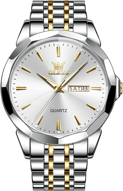 HOTOLEVS Watch for Men Diamond Business Dress Analog Quartz Stainless Steel Waterproof Luminous Date Two Tone Luxury Casual Wrist Watch Blue