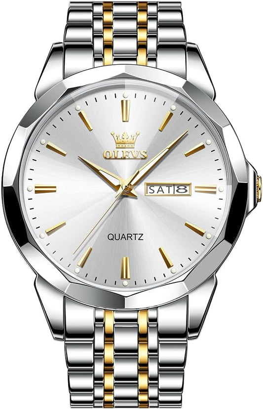 HOTOLEVS Watch for Men Diamond Business Dress Analog Quartz Stainless Steel Waterproof Luminous Date Two Tone Luxury Casual Wrist Watch Blue
