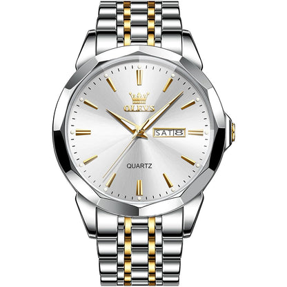 HOTOLEVS Watch for Men Diamond Business Dress Analog Quartz Stainless Steel Waterproof Luminous Date Two Tone Luxury Casual Wrist Watch Blue