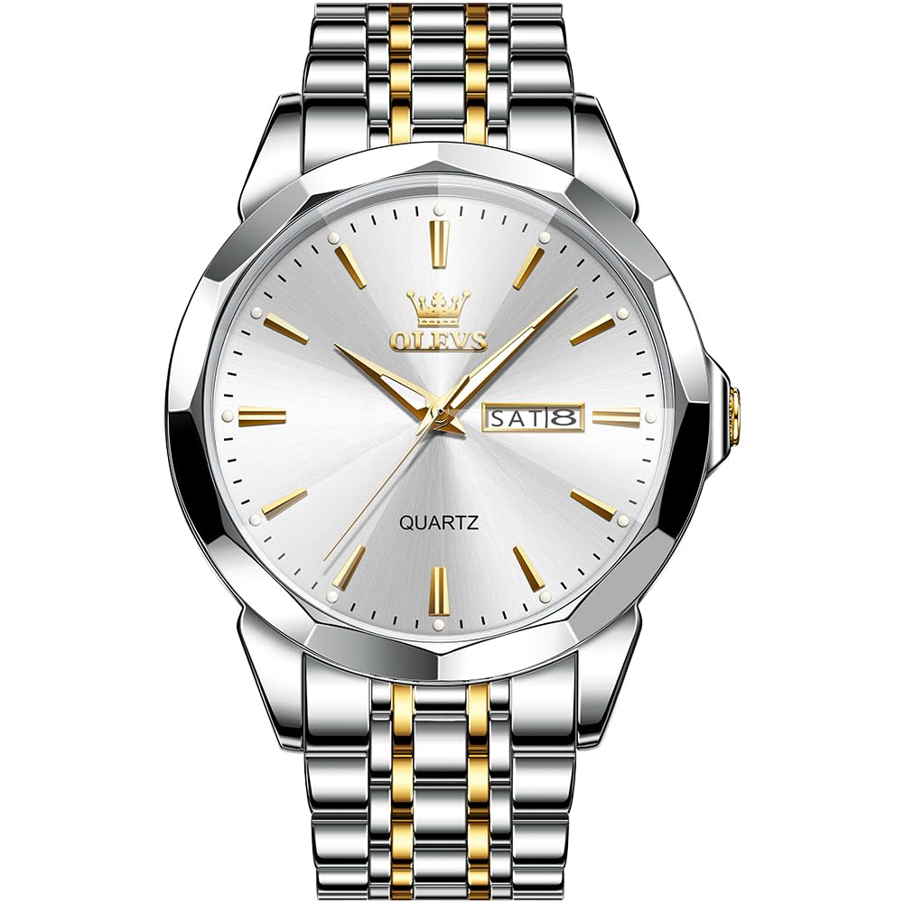 HOTOLEVS Watch for Men Diamond Business Dress Analog Quartz Stainless Steel Waterproof Luminous Date Two Tone Luxury Casual Wrist Watch Blue