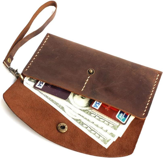 HOTHandmade Leather Wristlet Wallet with Card Slots Retro Multi-function Envelope Mobile Phone Card Holder Clutch Wallet with Hand Wrist Lanyard