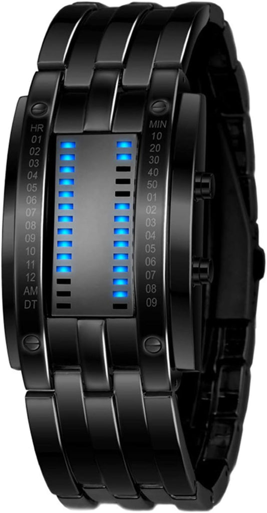 HOTReginald Fashion Mens Binary Sports Watch Digital LED Matrix Waterproof Outdoor Casual Black Bracelet Blue Backlit Men's Square Watch