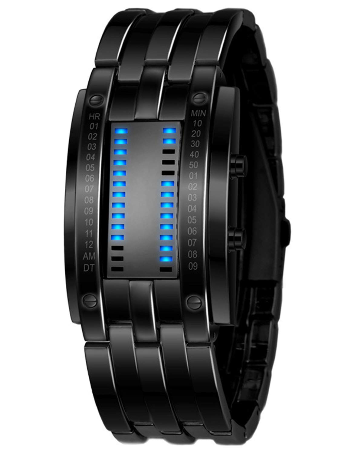 HOTReginald Fashion Mens Binary Sports Watch Digital LED Matrix Waterproof Outdoor Casual Black Bracelet Blue Backlit Men's Square Watch