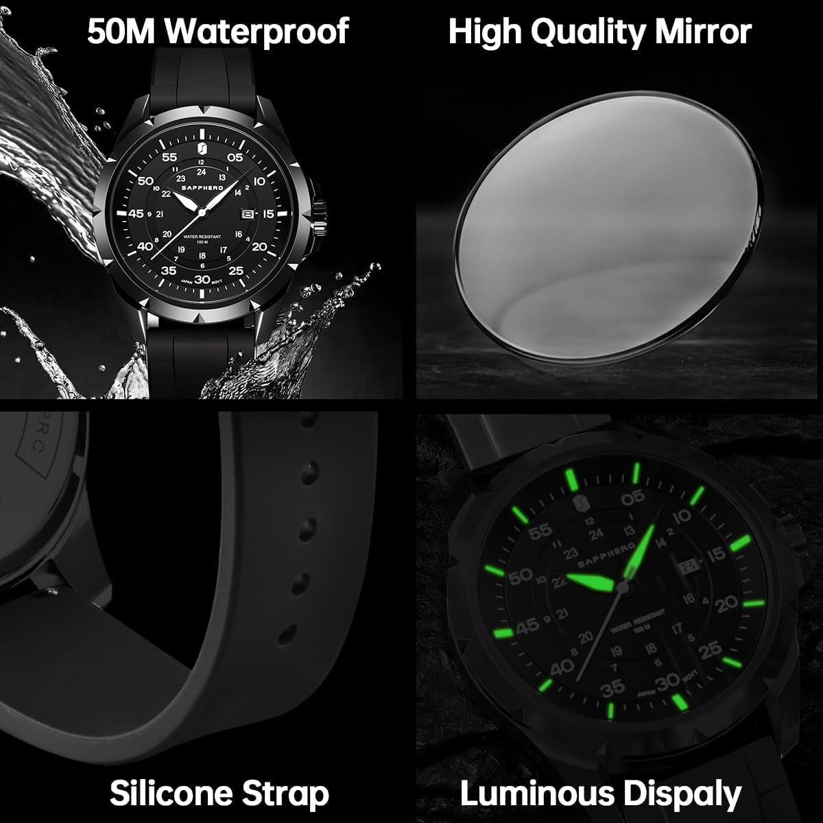 HOTSAPPHERO Mens Watch 50M Waterproof Luminous Quartz Analog Watches with Date Display Casual Stylish Work Business Classic Silicone Strap Men's Wrist Watches Elegant Gifts for Men