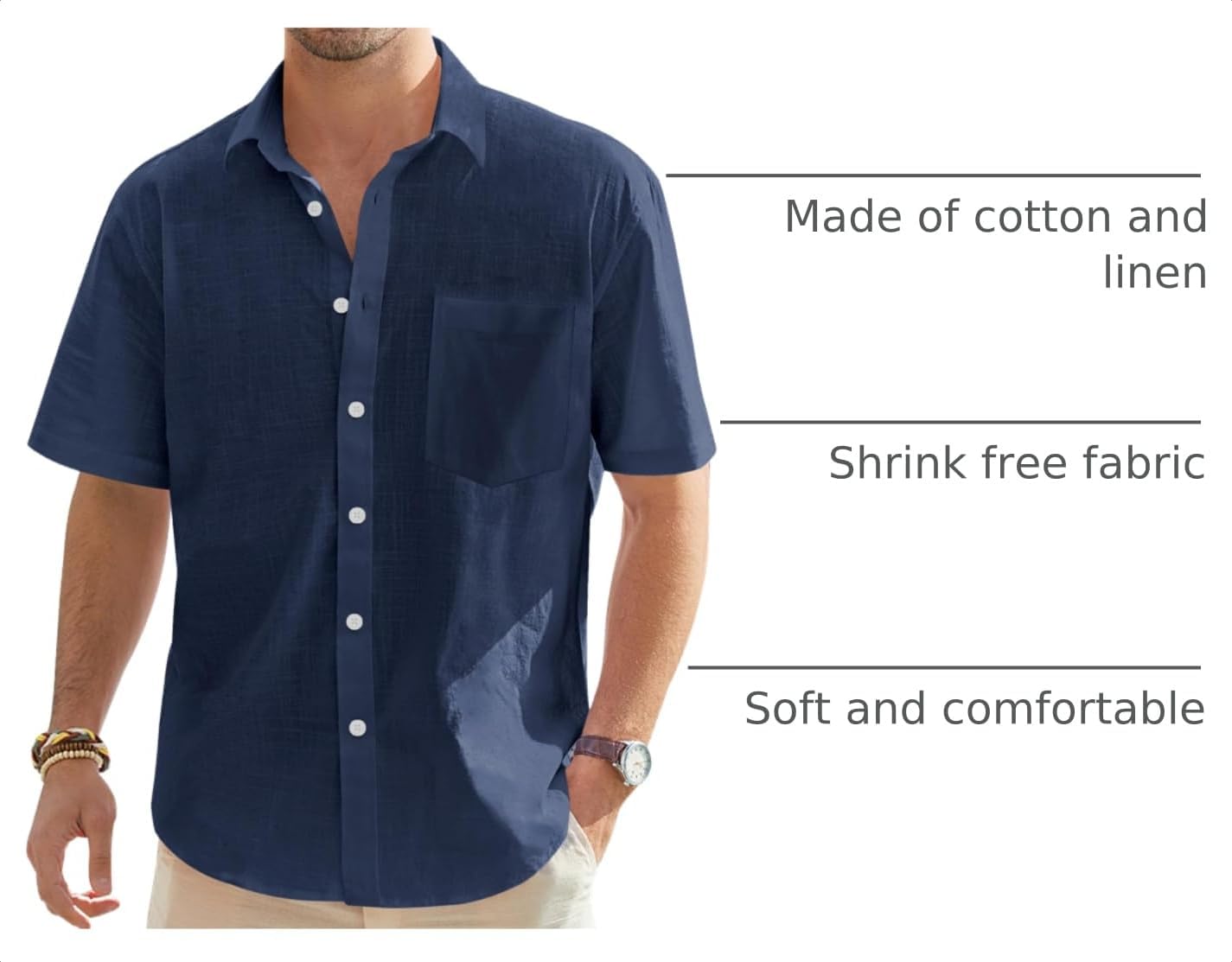 HOTJ.VER Mens Linen Shirt Short Sleeve Button Down Casual Summer Shirts | Cotton Linen, Untucked, Big Tall, from Beach Camp Vacation, Cruise Fishing, Work Office, to Wedding Party Family, with Pocket