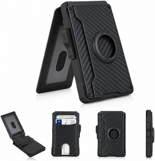 HOTCarbon Black AirTag Wallet for Men, RFID Blocking Minimalist Pop Up Aluminum Card Holder, Carbon Fiber Wallet with Money Clip ID Window, 9-13 Cards, Gift for Men, AirTag Not Included by Sooshoom