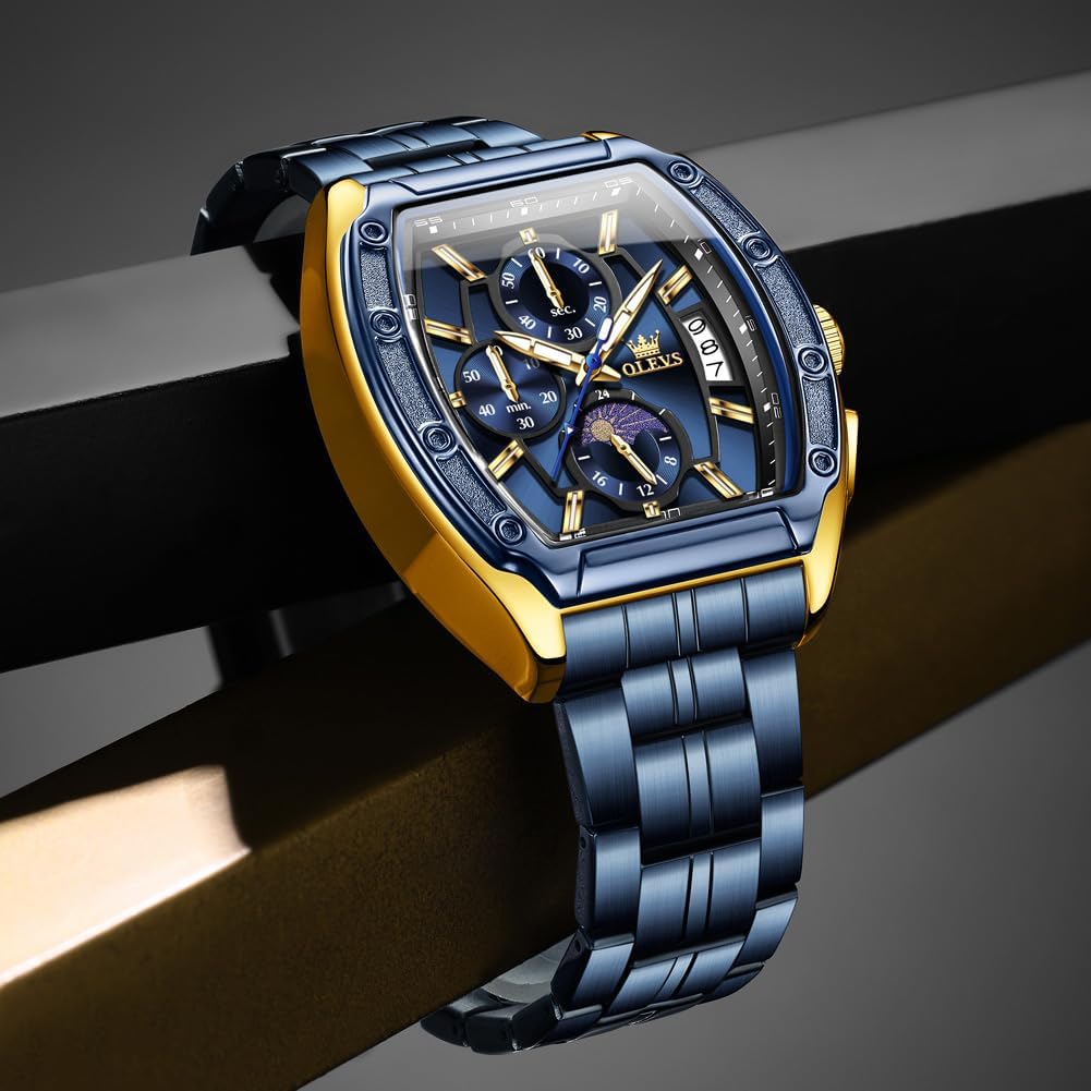 HOTOLEVS Mens Watches Analog Quartz Chronograph Square Dress Watch for Man Stainless Steel or Leather Band Waterproof Luminous Date Male Watch