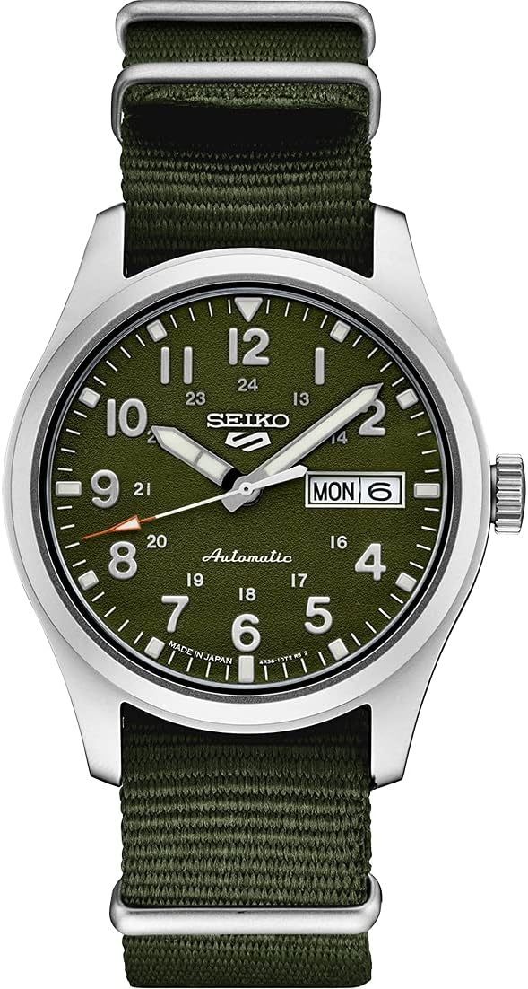HOTSEIKO SRPG33 Watch for Men - 5 Sports - Automatic with Manual Winding Movement, Green Dial, Stainless Steel Case, Green Nylon Strap, 100m Water Resistant, and Day/Date Display