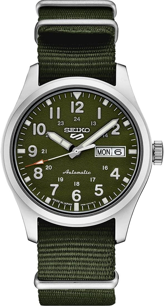 HOTSEIKO SRPG33 Watch for Men - 5 Sports - Automatic with Manual Winding Movement, Green Dial, Stainless Steel Case, Green Nylon Strap, 100m Water Resistant, and Day/Date Display