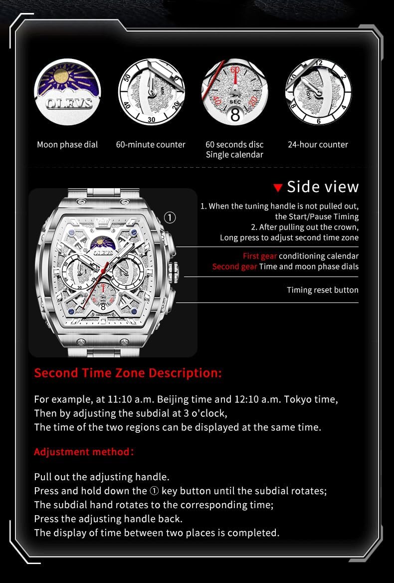HOTOLEVS Men Watches Business Dress Chronograph Big Square Quartz Analog Male Watch Silicone Strap Waterproof Date Gift Mens Wrsit Watch Silver