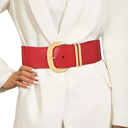 HOTWHIPPY Women Wide Elastic Waist Belt for Dresses Fashion Gold Buckle Stretchy Leather Waistband for Ladies