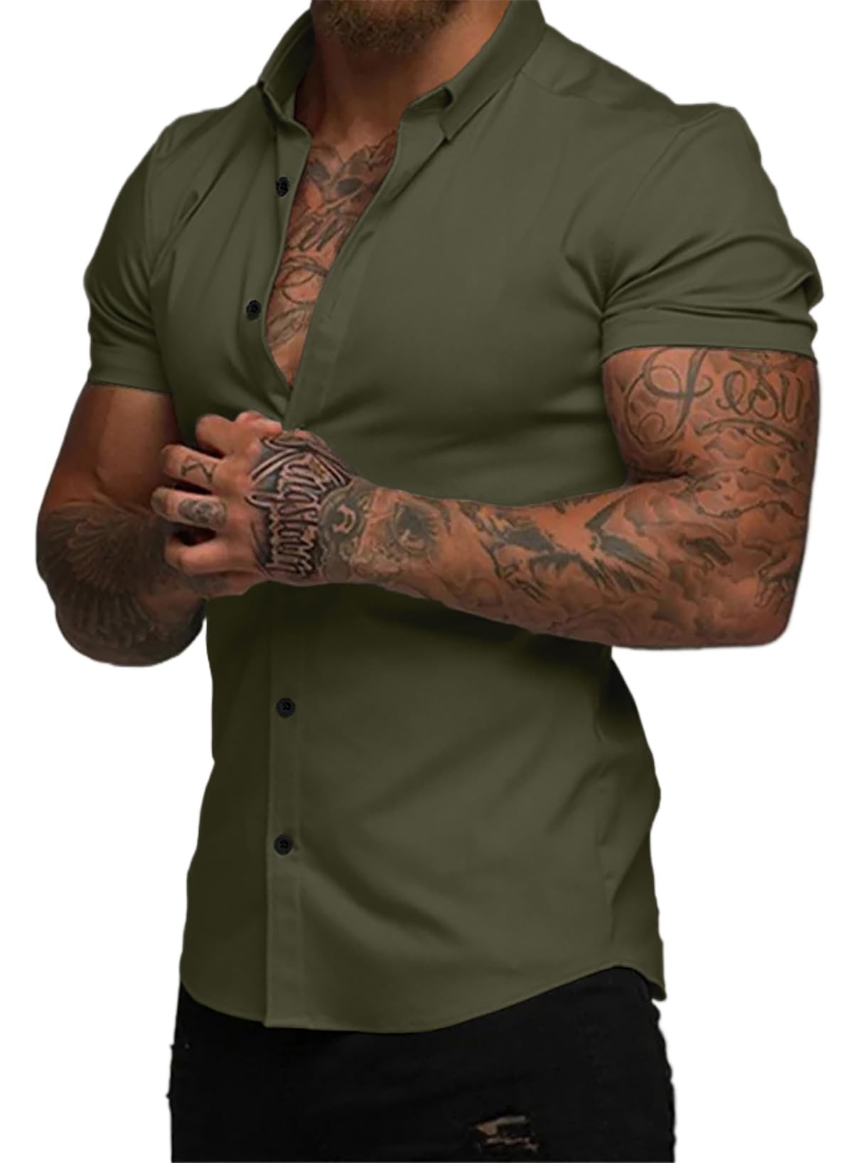 HOTJMIERR Men's Muscle Fit High Stretch Wrinkle-Free Button Down Dress Shirts Summer Casual Short Sleeve Shirt