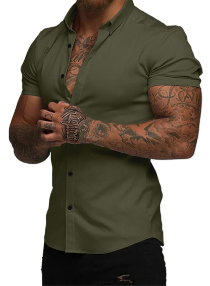 HOTJMIERR Men's Muscle Fit High Stretch Wrinkle-Free Button Down Dress Shirts Summer Casual Short Sleeve Shirt