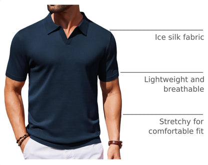 HOTCOOFANDY Men's V Neck Short Sleeve Stretch Knit Polo Shirt