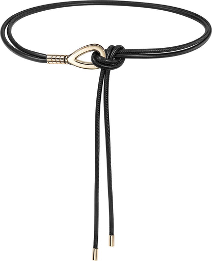 HOTWomen Knotted Skinny PU Leather Waist Belt Gold Buckle for Dresses