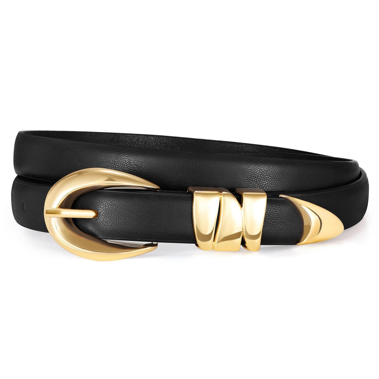 HOTXZQTIVE Women's Skinny Leather Belts Ladies Thin Waist Belts for Jeans Dress Pants Trendy Black Belt with Gold Buckle